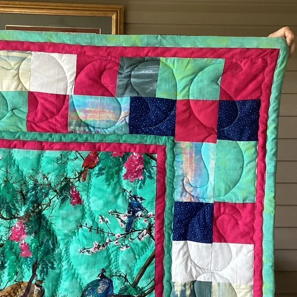 NWT Hand Crafted Turquoise Birds in Cherry Blossom Tree Quilt